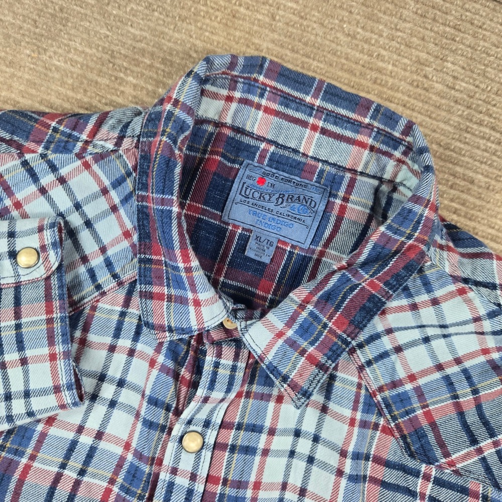 Lucky Brand Mens XL Blue Red Plaid True Indigo Snap Front Western Shirt